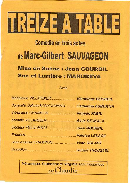 Affiche de TREIZE A TABLE 19 et 20 Avril 2002