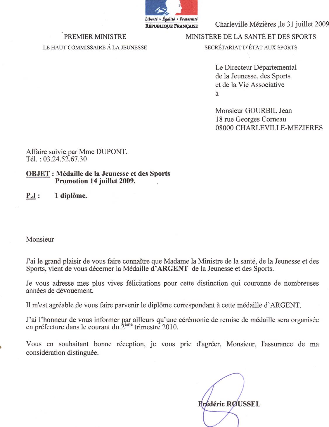 Double de la lettre de Monsieur le Directeur DDJS