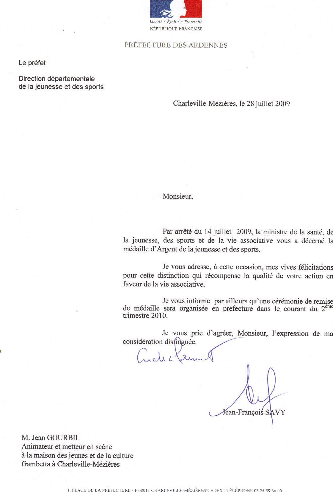 Double de la lettre de Monsieur le PREFET des ARDENNES